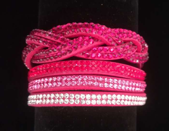 Multilayer Double Wrap Faux Suede Pink Rhinestone Bracelet