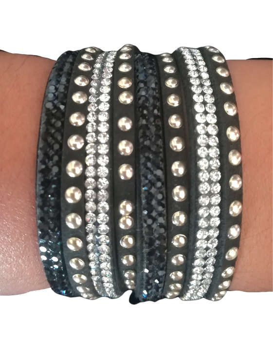 Multilayer Double Wrap Faux Suede Black Rhinestone Studded Bracelet
