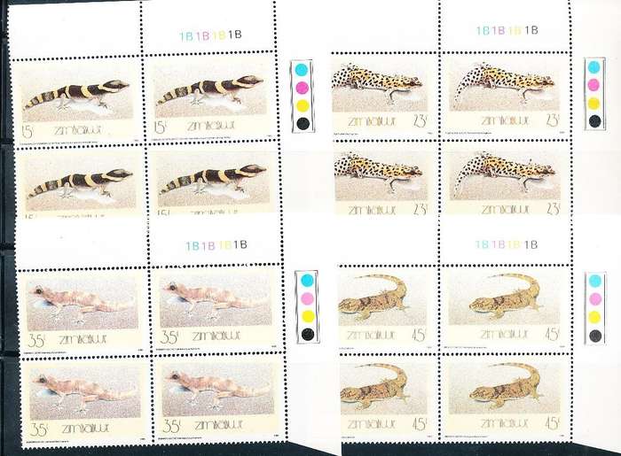 ZIMBABWE 1989  -  Geckos  -   FULL SET  CONTROLS  "B"  -  FINE  MINT