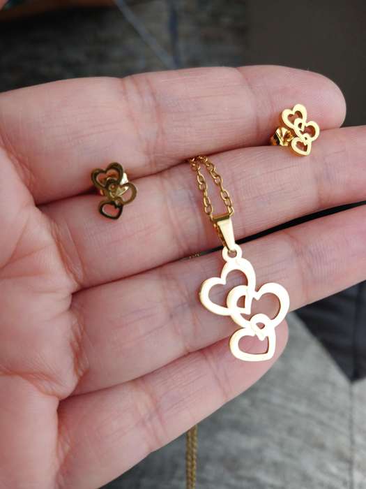 Gold Plated Stainless Steel Hearts Pendant Necklace and Earrings Set