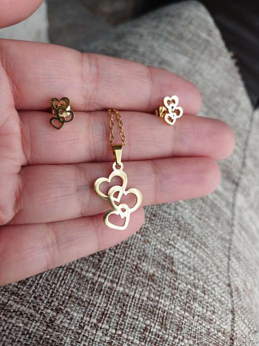 Gold Plated Stainless Steel Hearts Pendant Necklace and Earrings Set