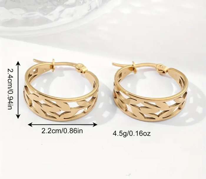 Elegant Gold Plated Olive Branch Hoop Earrings Stainless Steel Vintage Design