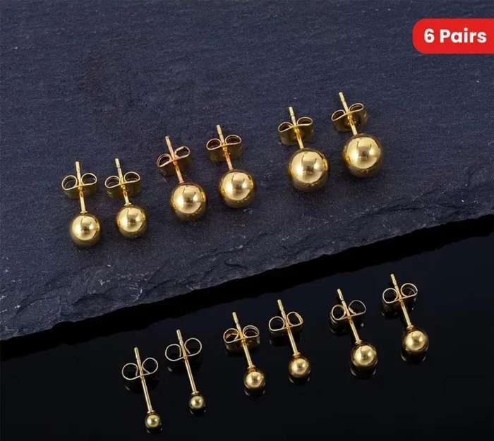 6 Pairs of Stylish Stainless Steel Round Ball Earrings Gold Plated