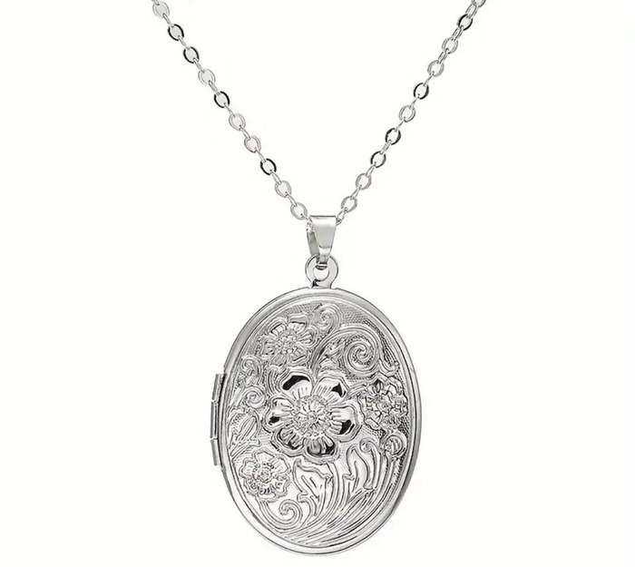 Stainless Steel Vintage Oval Flower Locket Pendant Necklace