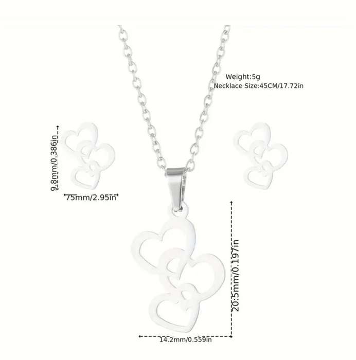 Stainless Steel Hearts Pendant Necklace and Earrings Set