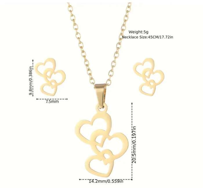 Gold Plated Stainless Steel Hearts Pendant Necklace and Earrings Set