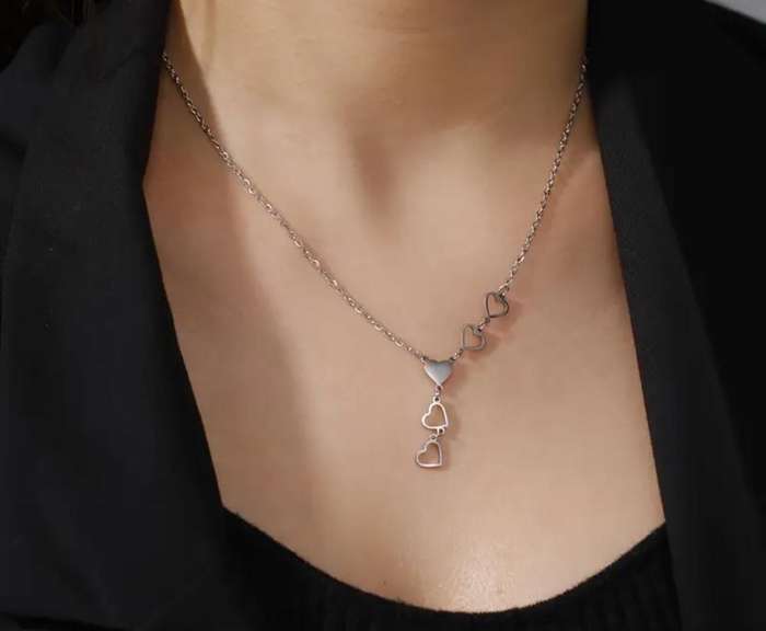 Stainless Steel Silvery Hearts Pendant Necklace