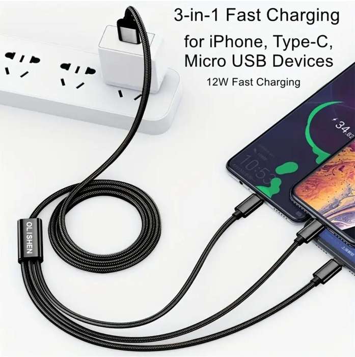 Long (3 meter) 3-in-1 OLISHEN USB Fast Charging Cable - Blue