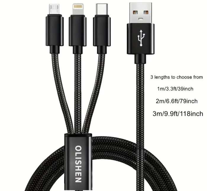 Long (3 meter) 3-in-1 OLISHEN USB Fast Charging Cable - Black