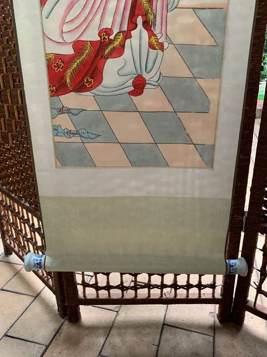 Oriental Asian scroll Blue and White porcelain roller Stamped