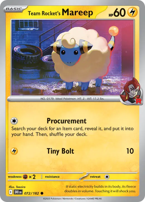Pokemon Card - Team Rocket's Mareep 072/182 - Common - Destined Rivals - NM