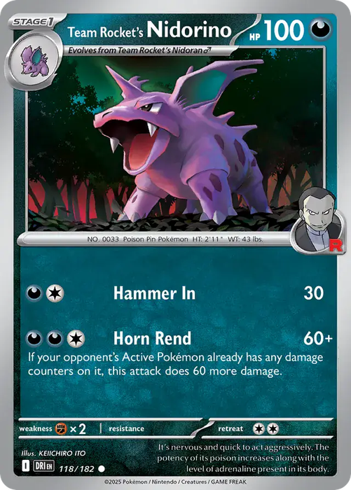 Pokemon Card - Team Rocket's Nidorino 118/182 - Common - Destined Rivals - NM