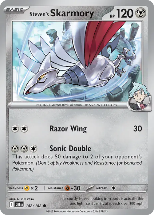 Pokemon Card - Steven's Skarmory 142/182 - Common - Destined Rivals - NM