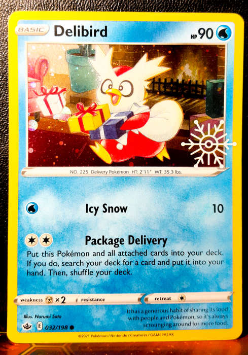 Pokemon Cards - Delibird 032/198 - SWSH Chilling Reign  - Cosmo Holo SNOWFLAKE stamped Promo- NM