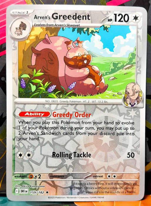 Pokemon Card - Arven's Greedent 159/182 - Reverse Holofoil - Destined Rivals - NM