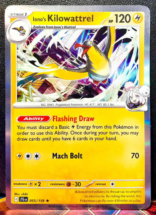 Pokemon Card - Iono's Kilowattrel 055/159 - Holofoil Rare - Journey Together - NM