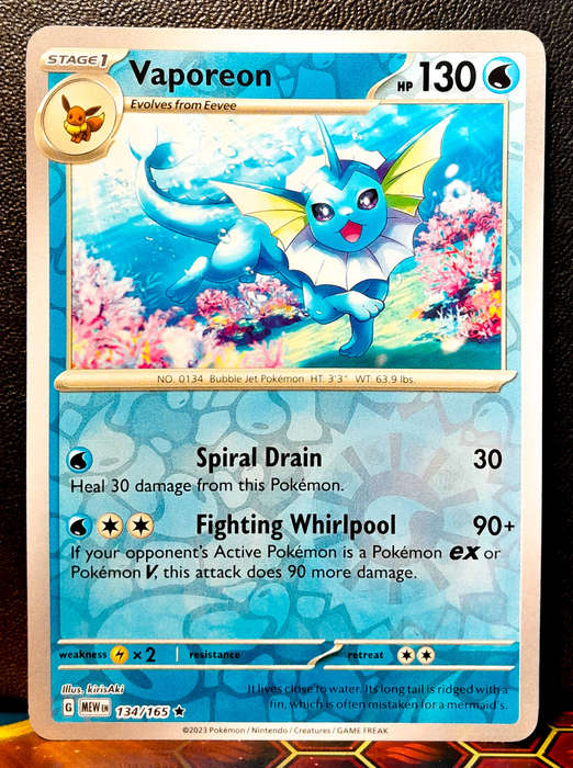 Pokemon Card - Vaporeon 134/165 - Reverse Holofoil RARE - Pokemon 151 - NM