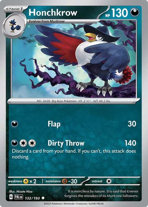Pokemon Card - Honchkrow 132/193 - Uncommon - Paldea Evolved NM