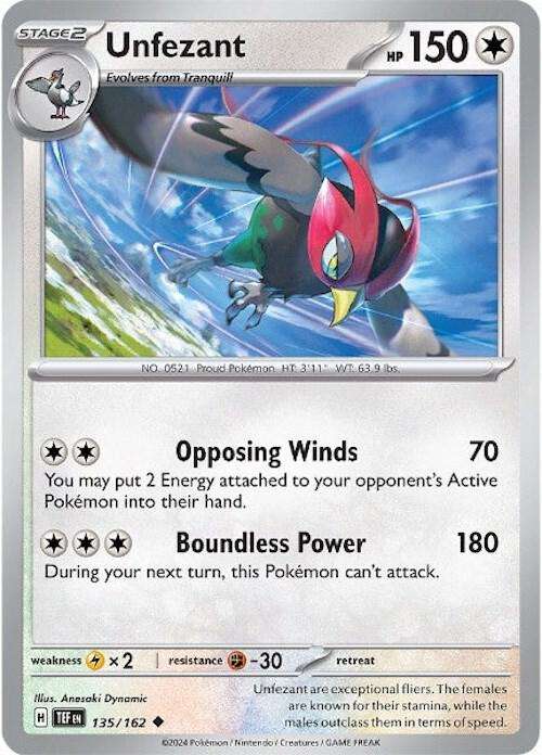 Pokemon Card - Unfezant 135/162 - Uncommon - Temporal Forces NM