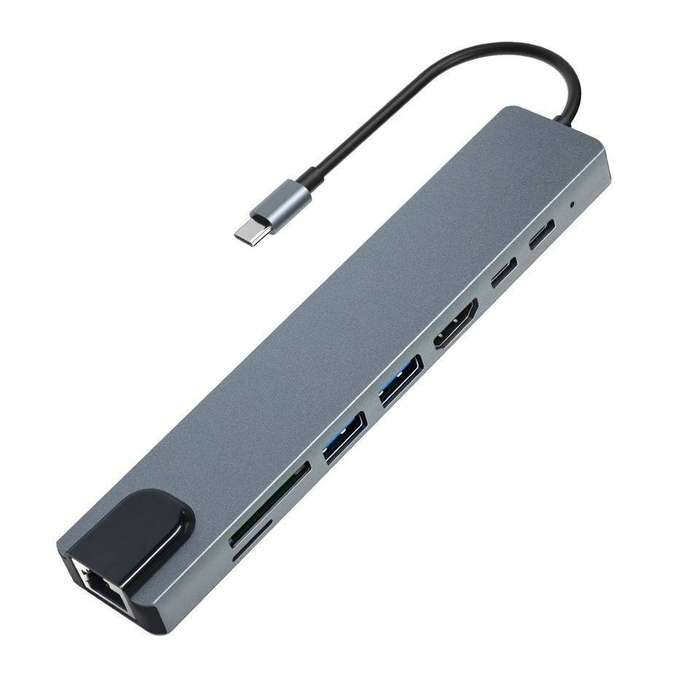 Portable 8 in 1 Type-C USB Hub HDMI 3.1 to 4K Adapter with RJ45 SD/TF Card