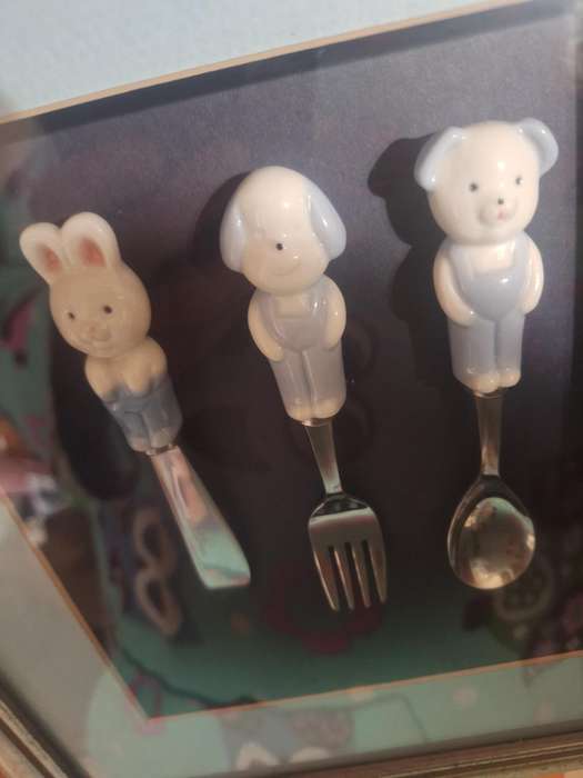 Vintage LILLIAN VERNON Childs Flatware Set Ceramic Handle Stainless Made in Japan framed