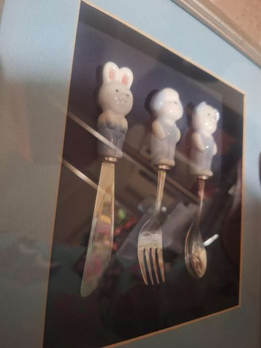Vintage LILLIAN VERNON Childs Flatware Set Ceramic Handle Stainless Made in Japan framed