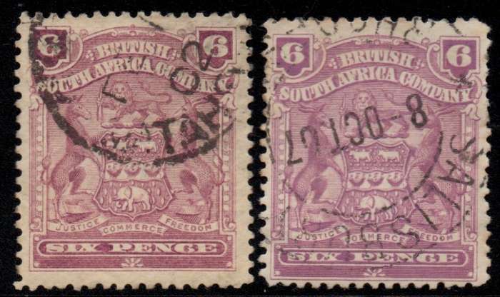 BSAC / Rhodesia - 1898-1908 Arms 6d purple and mauve Used SACC 75+76