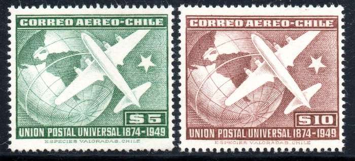 Chile - 1949 75th Anniversary of UPU $5 $10 Aircraft MNH