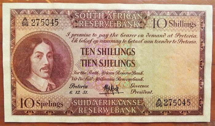 MH De Kock 1951 10 Shillings Note #A56 275045 Eng/Afr
