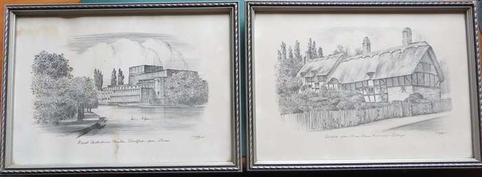 Pair of framed with glass sketch prints - Stratford upon Avon - Buy 1 get the watermarked one free