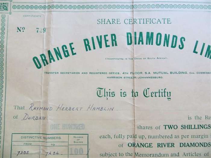 Orange River Diamonds Share Certificate (1947)