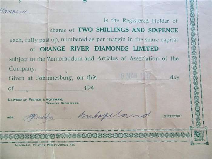 Orange River Diamonds Share Certificate (1947)