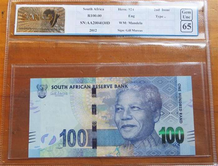 2012 Gill Marcus R100 Graded Note GemUnc65- Mandela AA2004030
