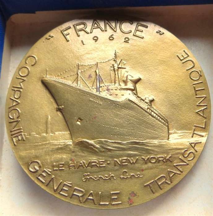 1962 Large 70gr 53mm Medallion - France Ship maiden Voyage - Le Havre New York French Line