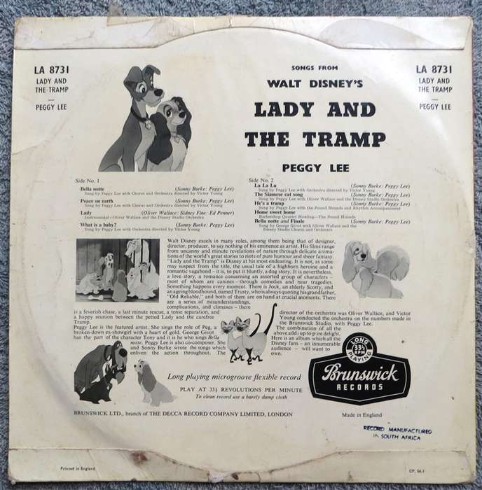 Walt Disney - lady and the Tramp Vintage Vinyl LP - VG