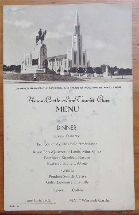 1952 Union Castle Line Menu - Lourenco Marques - Warwick Castle