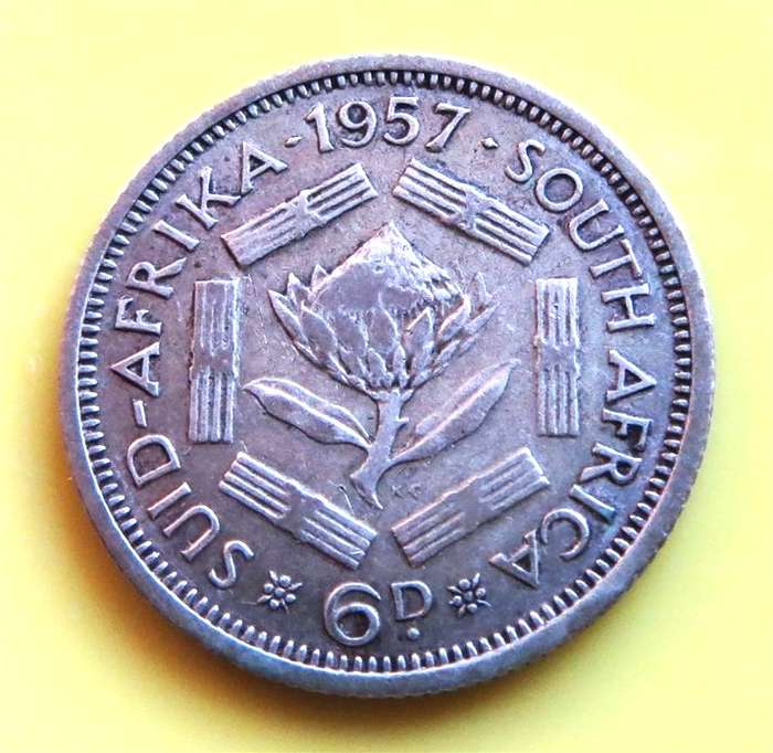 1957 SA Union Silver 6d Coin