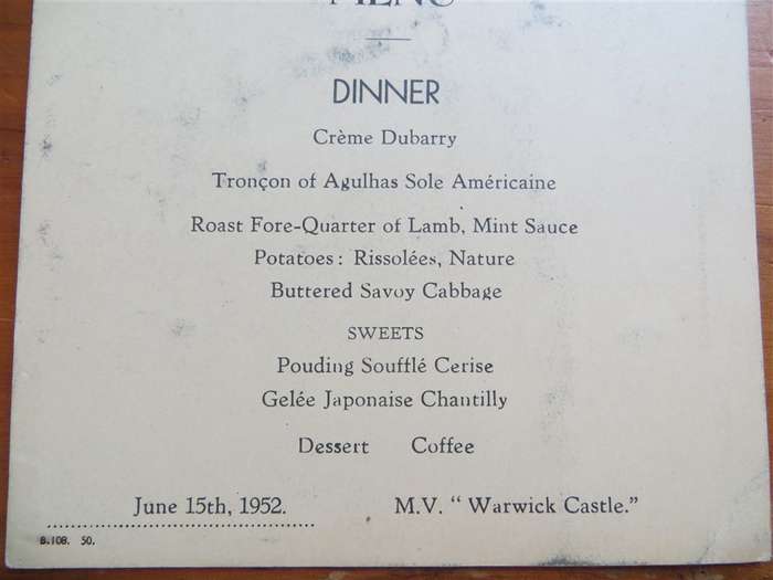 1952 Union Castle Line Menu - Lourenco Marques - Warwick Castle
