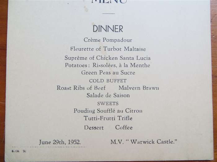 1952 Union Castle Line Menu - Mombasa - Warwick Castle