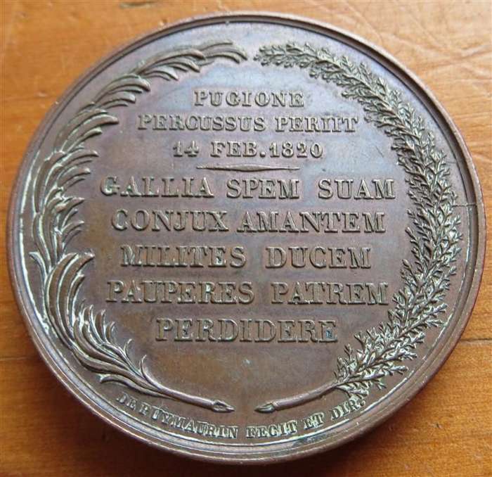 1820 France 41gr 41mm Medallion - Assassination of Ferdinand, Duc de Berry