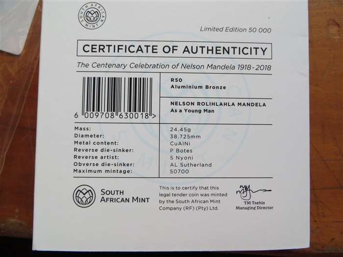 2018 Crown Size Nelson Mandela Centenary R50 Coin Uncirculated + Certificate