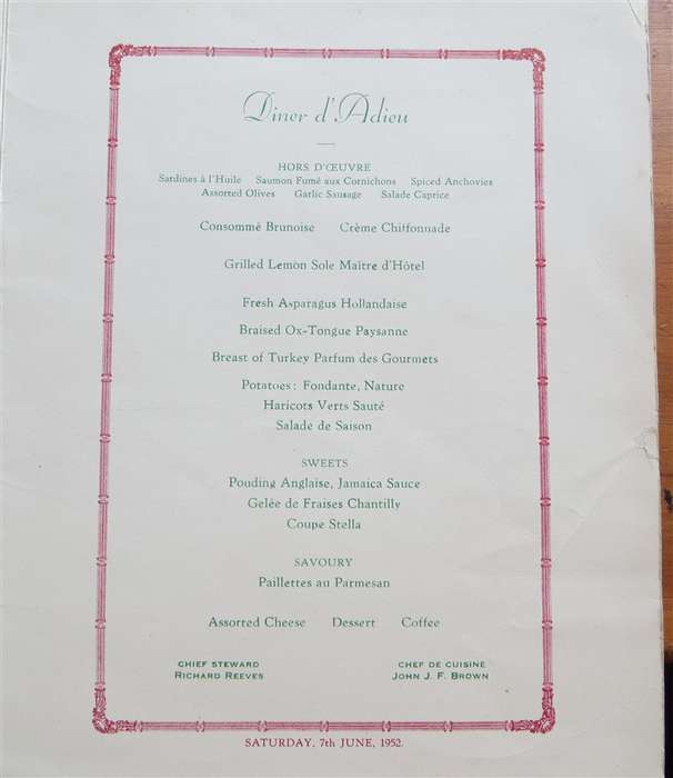 1952 Union Castle Line Menu - Autographed - Warwick Castle