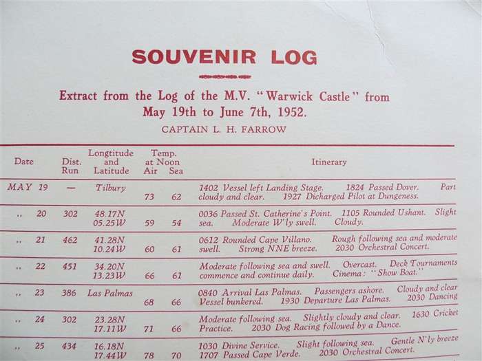 1952 Union Castle Line Menu - Warwick Castle