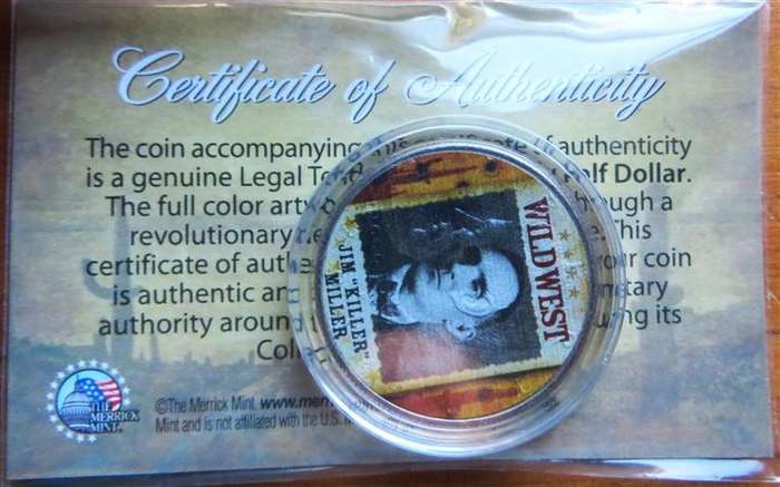 USA Half Dollar Wild West Series - Colorised Jim Killer Miller + Certificate