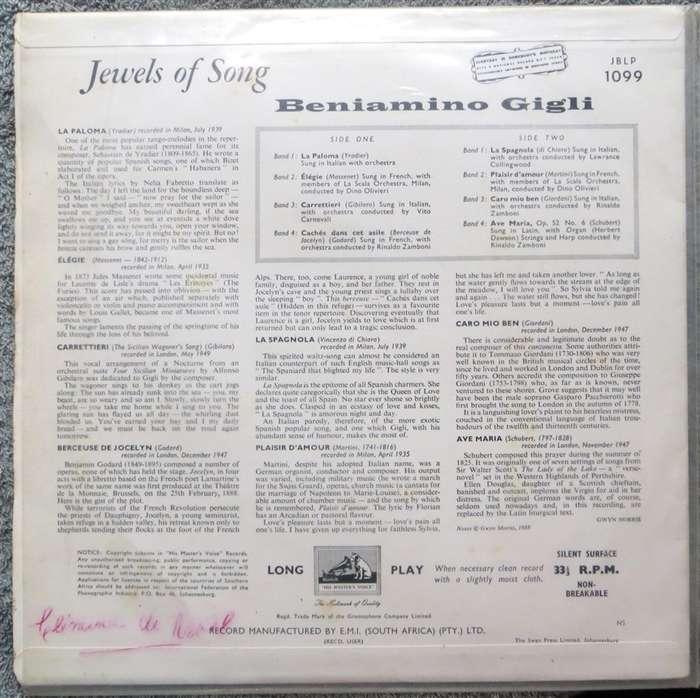 Jewels of Song - Beniamino Gigli - His Masters Voice Vintage Vinyl LP - VG