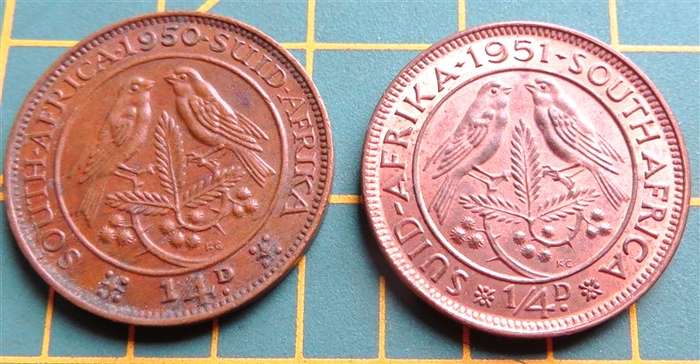 2 x SA Union 1950-51 Farthings 1/4d Coins