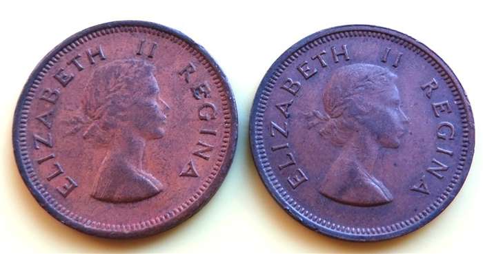 2 x different colour 1953 SA Union 1/4d Farthings