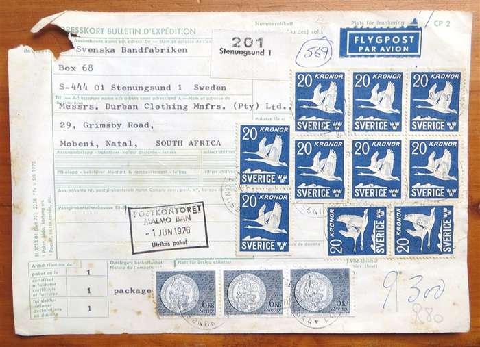Sweden to RSA Airmail Parcel Stamps Lot