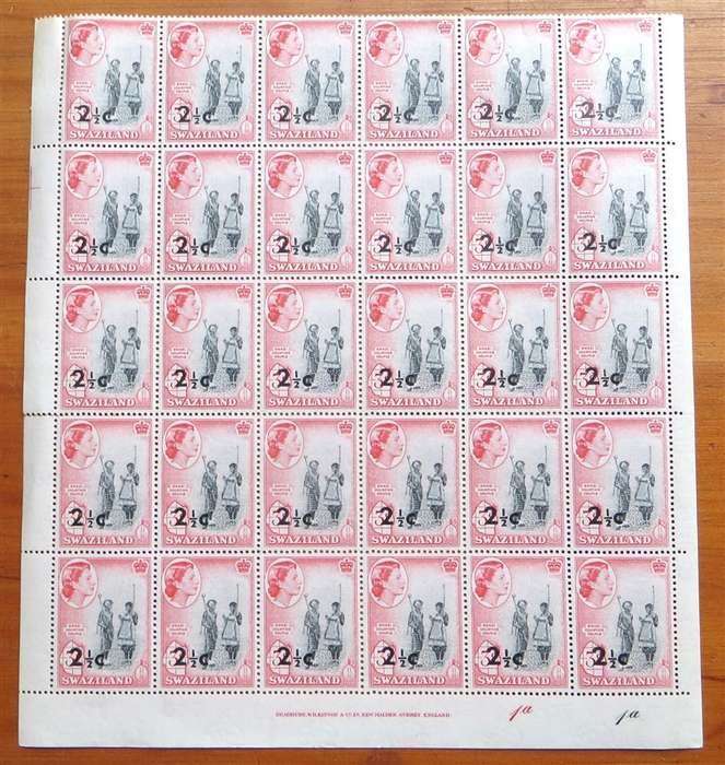 Swaziland 1961 SG69 QEII 2½c. ON 3d. Overprint Courting Couple Part Sheet - MNH