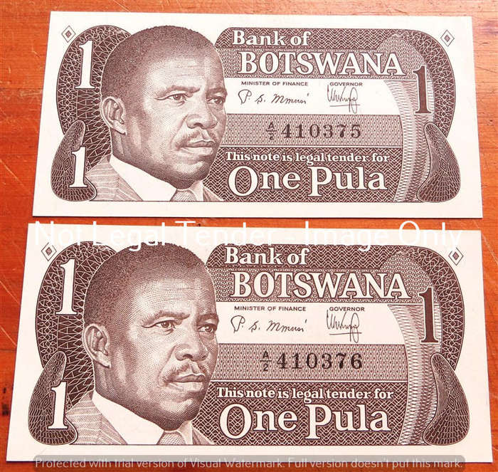 Botswana 1 Pula - Pair Consecutive Numbers - A2 Prefix - Bid per Note